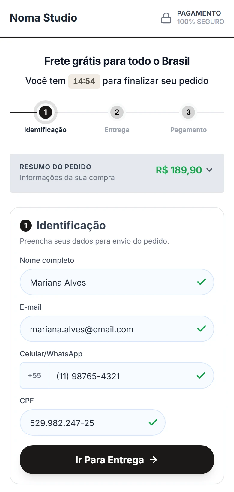 Checkout da loja Noma Studio na etapa de identificação, com nome, e-mail, celular e CPF preenchidos e validados.