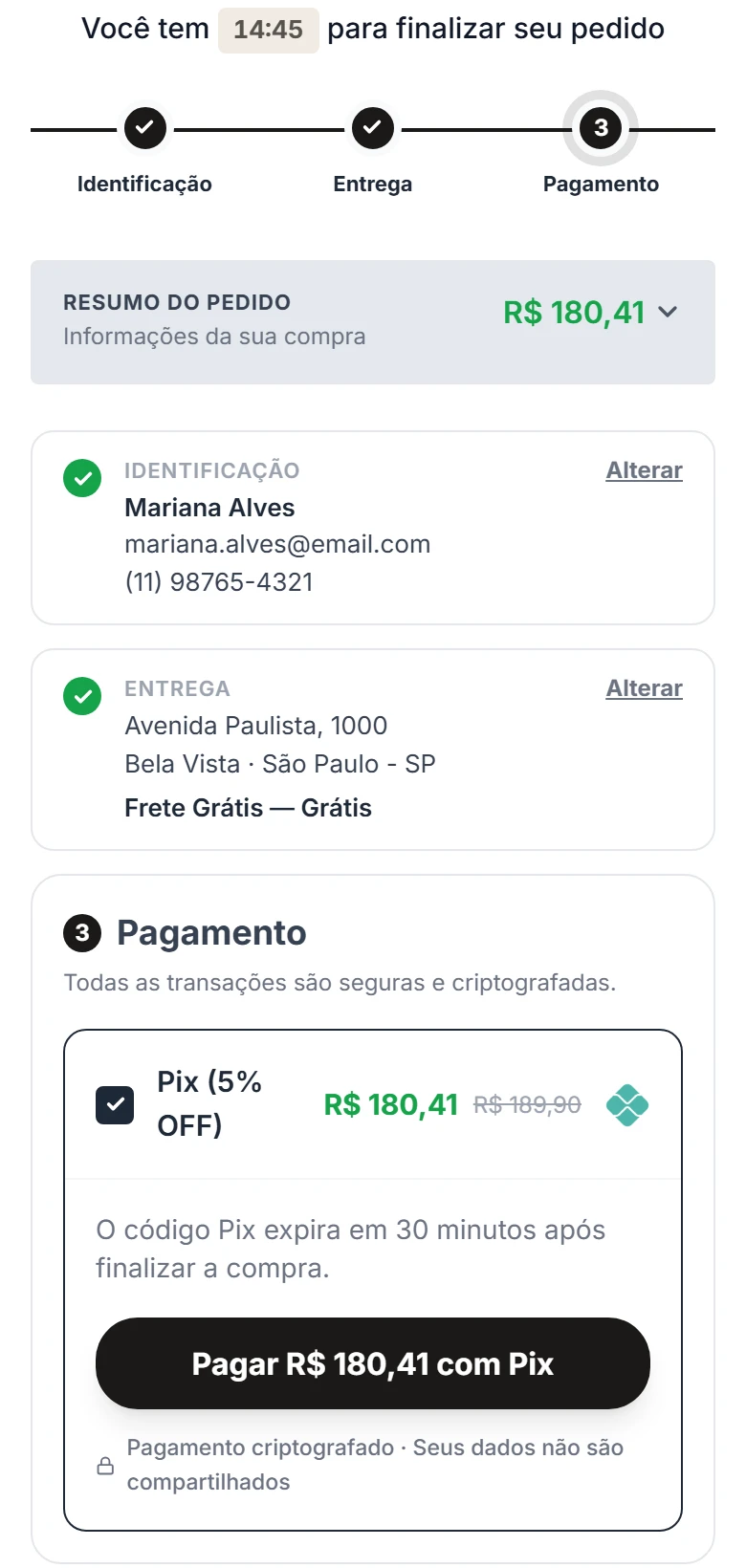 Etapa de pagamento com o Pix escolhido: R$ 180,41 com 5% de desconto, e o botão Pagar com Pix.